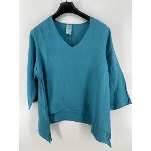 La Fixsun Linen Tunic Women Small Teal Blue Lagenlook Sharkbite Hem Boho Artsy